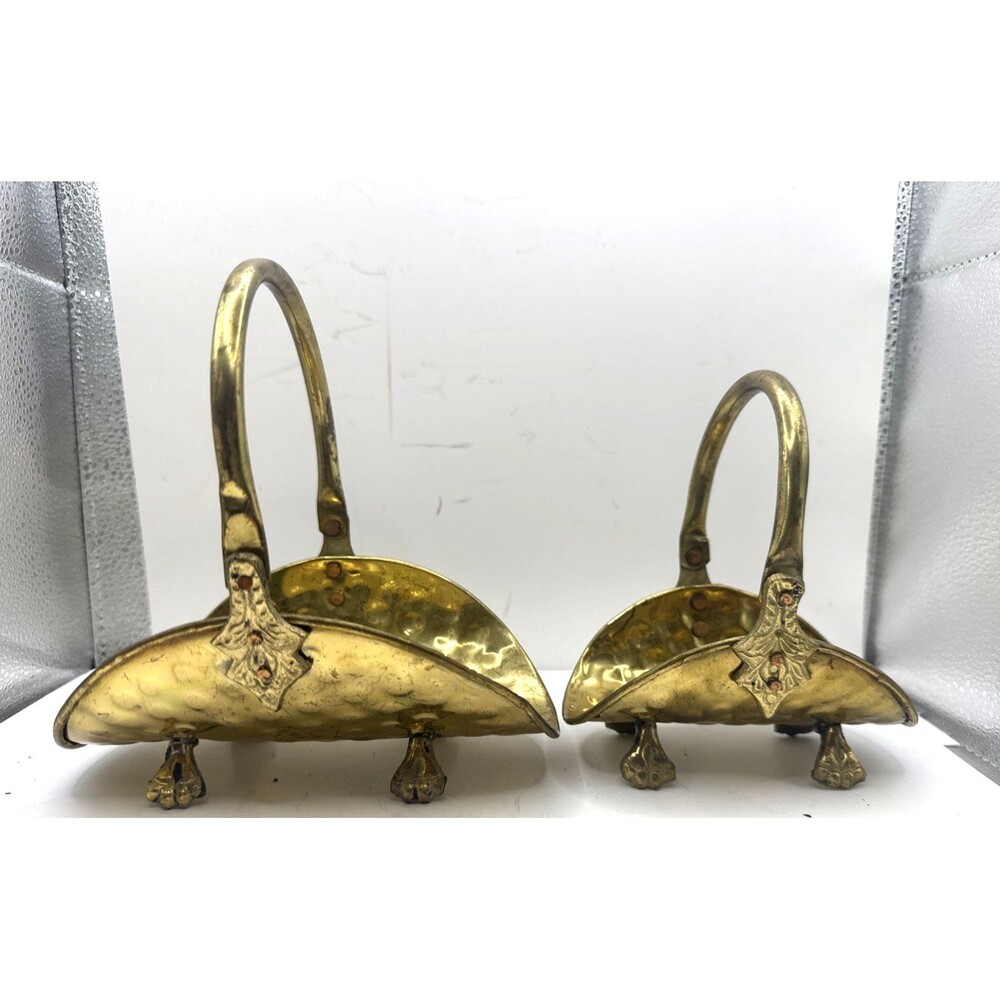 2 Vintage Solid Hammered Brass Mini Fireplace Log Basket Holder Handle Claw Feet